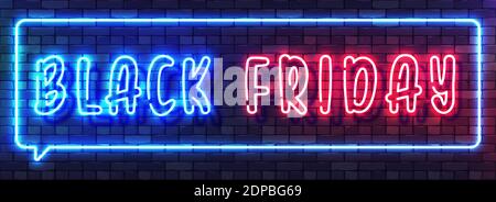 Banner colorato Neon in vendita il Black Friday. Alfabeto di Neon scritto a mano su sfondo scuro Brick Wall. Carattere colorato e luminoso per una luce notturna ad alta velocità Illustrazione Vettoriale