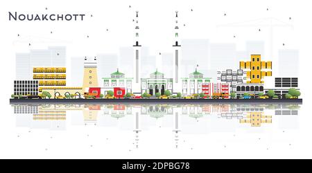 Nouakchott Mauritania Skyline con edifici a colori e riflessi isolati su sfondo bianco. Illustrazione vettoriale. Illustrazione Vettoriale