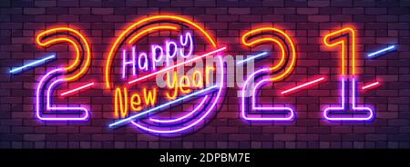 Felice anno nuovo 2021 banner colorato al neon. Cartello con la scritta "New Year glowing" per la carta delle vacanze su sfondo scuro in mattoni. Carattere colorato e luminoso. Vect Illustrazione Vettoriale