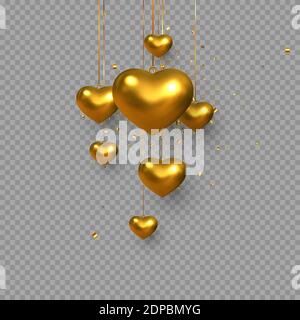 Cuori appesi in metallo dorato. Illustrazione Vettoriale