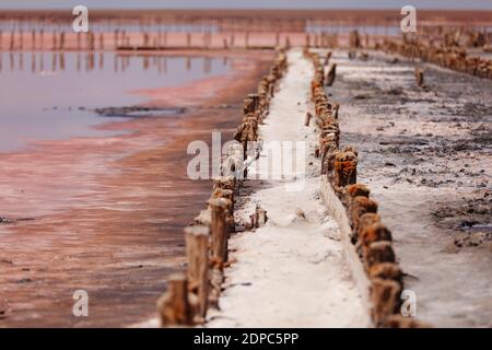 Un fantastico lago di sale rosa con cristalli di sale su colonne di legno in giornata di sole, Kuyalnik Liman in Ucraina, Odessa in estate. Spazio di copia Foto Stock