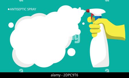 I guanti a mano contengono un flacone di spray antisettico. Igiene personale, igiene domestica e d'ufficio. Illustrazione vettoriale. Illustrazione Vettoriale