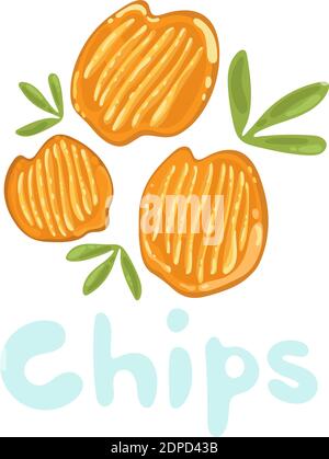 Icona vettore di clipart patata chips. Stock isolato simpatico cartone animato fastfood illustrazione. Patatine di verdure arancioni, gialle e ondulate. Cibo vegan kawaii. Mucchio di Illustrazione Vettoriale