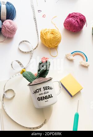 Un cactus uncinetto in una giara ottimista che dice "Oggi sarà un grande giorno" Foto Stock