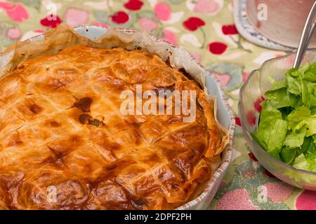 Torta di patate al forno e insalata su una tovaglia colorata Foto Stock