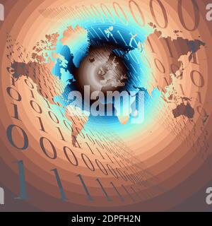 Tunnel di codice binario e mappa del mondo Foto Stock