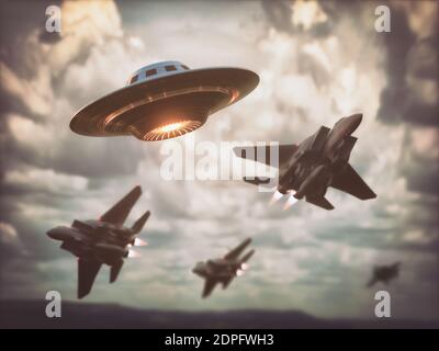 Combattenti supersonici che inseguono UFO. Oggetto volante non identificato che sorvola il cielo. Illustrazione 3D. Foto Stock