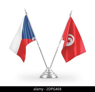 Bandiere da tavolo per Tunisia e Repubblica Ceca isolate su 3D bianco rendering Foto Stock