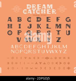 Alfabeto tribale e ornamenti. Lettere e simboli in stile etnico geometrico. Aztec e nativo americano tessuto stile. Illustrazione vettoriale Illustrazione Vettoriale