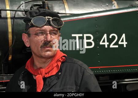 Festa per il 40° anniversario dell'ultimo treno francese a vapore alla stazione di Troyes, Aube, Francia, il 29 agosto 2015. Questo viaggio in locomotiva a vapore celebra il 40° anniversario dell'ultimo viaggio in treno a vapore francese, con partenza dalla stazione ferroviaria di Troyes. L'associazione AJECTA ha deciso di tornare indietro nel tempo e di ripercorrere i suoi passi. Partenza alle ore 11.30 e ritorno alle ore 8.55 alla stazione ferroviaria di Longueville. Sosta a Nogent-sur-Seine e Romilly-sur-Seine. I passeggeri prendono posto in un treno trainato dalla locomotiva da 141 TB 424. Questo treno è composto da linee principali automobili e compartimento anni '30. T Foto Stock