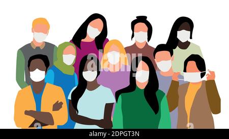 Il set di persone che indossano maschere mediche per prevenire le malattie. Illustrazione vettoriale modificabile. Illustrazione Vettoriale
