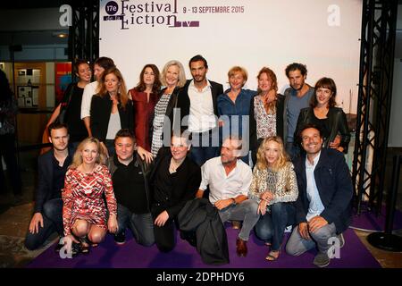 Benabar, Marie-Christine Adam, Helene de Fougerolles, Armelle Deutsh, Stephane Freiss, Valerie Kaprisy e Julia Piaton per 'le Secret D'Elise' che partecipano al 17° Festival della fiction televisiva a la Rochelle, Francia, il 10 settembre 2015. Foto di Patrick Bernard/ABACAPRESS.COM Foto Stock