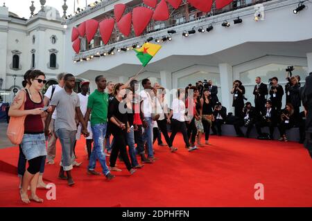 Manifestazione per mostrare sostegno ai migranti durante la prima "per Amor vostro" durante il 72o Festival Internazionale del Cinema di Venezia (Mostra) al Lido di Venezia, il 11 settembre 2015. Foto di Aurore Marechal/ABACAPRESS.COM Foto Stock