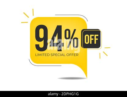 94% di sconto su un'offerta speciale limitata. Banner con il novantaquattro% di sconto su un pallone giallo quadrato. Illustrazione Vettoriale