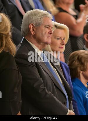 L'ex Presidente della Camera dei rappresentanti degli Stati Uniti Newt Gingrich e sua moglie Callista attendono l'arrivo di Papa Francesco per consegnare un discorso a una sessione congiunta del Congresso degli Stati Uniti nel Campidoglio degli Stati Uniti a Washington, DC, USA, giovedì 24 settembre 2015. Foto di Ron Sachs/CNP/ABACAPRESS.COM Foto Stock