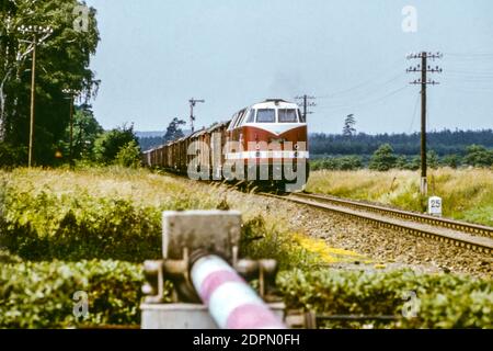 Treno merci con locomotiva Diesel 118 040 vicino a Süplingen nel giugno 1979, Sassonia-Anhalt, RDT, Germania, Europa Foto Stock