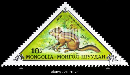 MOSCA, RUSSIA - 26 SETTEMBRE 2018: Un francobollo stampato in Mongolia mostra Siberian Chipmunk (Tamias sibiricus), serie di animali, circa 1973 Foto Stock