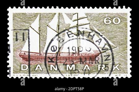 MOSCA, RUSSIA - 6 OTTOBRE 2018: Un francobollo stampato in Danimarca mostra spedizione, serie, circa 1970 Foto Stock