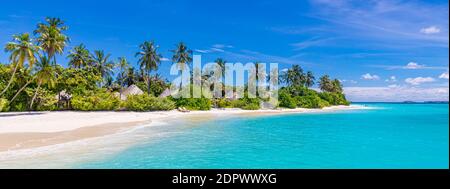 Spiaggia tropicale, Maldive. Il sentiero del molo nella tranquilla isola paradisiaca. Palme, sabbia bianca e mare blu, perfetta vacanza estiva paesaggio vacanza Foto Stock