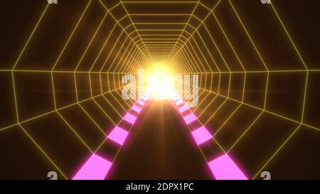 90 griglie neon tunnel cyberpunk retro falso 3d gioco rendering Foto Stock