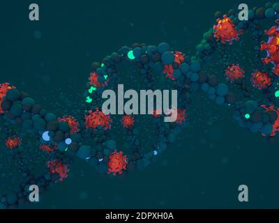 Covid-19. Coronavirus respiratorio patogeno influenza 2019-ncov. Virus attacca il DNA. Rendering 3D Foto Stock