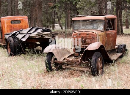 Un 1932 camion fattoria Ford modello B arrugginito su un ranch di cavalli in Valle della Luna, Rock Creek, Montana. Foto Stock