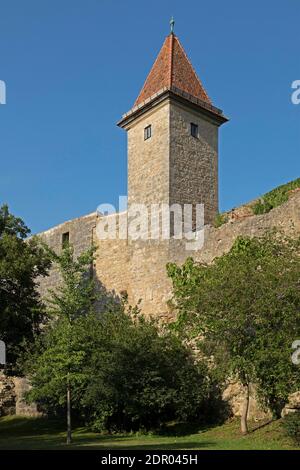 Torre medievale delle mura della città, Città Vecchia, Rothenburg ob der Tauber, Franconia Centrale, Baviera, Germania Foto Stock