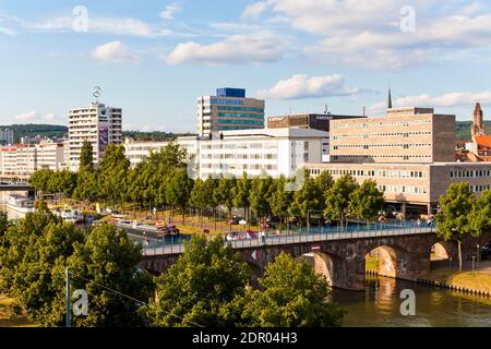 Vecchio ponte sulla Saar, vista sulla città, Saarbruecken, Saarland, Germania Foto Stock