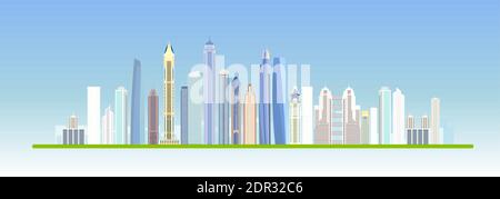 Vettore di piana city design edilizia. Urban Skyline cityscape. Il paesaggio della città con alti grattacieli. Illustrazione Vettoriale. EPS 10 Illustrazione Vettoriale