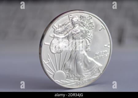 Macro di primo piano isolata di un oncia .999 US Argento Eagle Coin Foto Stock