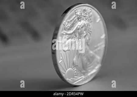 Macro di primo piano isolata di un oncia .999 US Argento Eagle Coin Foto Stock