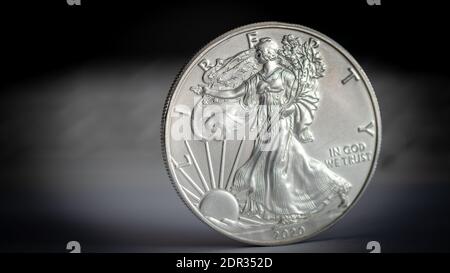 Macro di primo piano isolata di un oncia .999 US Argento Eagle Coin Foto Stock