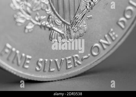 Macro di primo piano isolata di un oncia .999 US Argento Eagle Coin Foto Stock