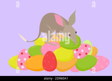 Cartoon illustrazione di carino mascotte bilby su uova di Pasqua mucchio, piccolo bandicoot australiano simbolo di vacanza per biglietti d'auguri e manifesti isolati su l Illustrazione Vettoriale