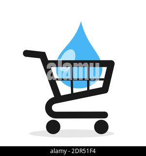 Acquisto e acquisto di acqua - goccia e goccia è carrello e carrello. Acqua come risorsa preziosa. Illustrazione vettoriale isolata in bianco Foto Stock