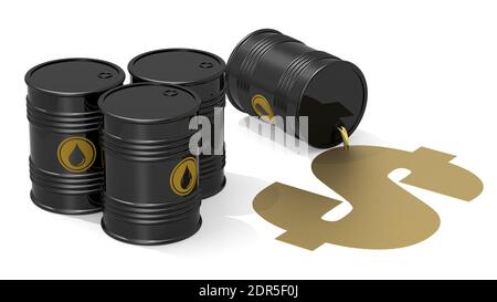 Un'illustrazione in 3D di rendering di barili di petrolio nero con un simbolo del dollaro d'oro Foto Stock