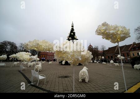 Kaunas, Lituania - 19 dicembre 2020: L'albero di Natale principale di Kaunas si trova nella piazza del Municipio. Le decorazioni sono create dal bere di plastica Foto Stock