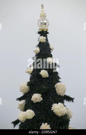 Kaunas, Lituania - 19 dicembre 2020: L'albero di Natale principale di Kaunas si trova nella piazza del Municipio. Le decorazioni sono create dal bere di plastica Foto Stock