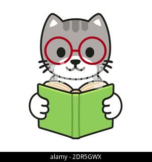 Carino gatto cartoon in occhiali leggere un libro. Adorabile illustrazione per bambini, isolato vettore clip art. Illustrazione Vettoriale