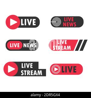 Raccolta di banner notizie live streaming. Trasmissione di simboli televisivi in diretta in nero e rosso. Icone video streaming online illustrazione vettoriale Illustrazione Vettoriale