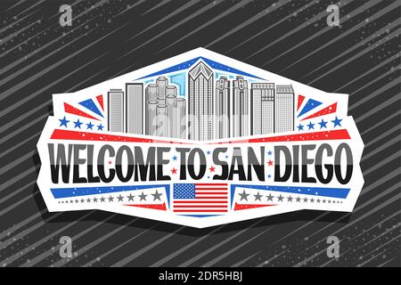 Logo vettoriale per San Diego, adesivo decorativo con illustrazione del profilo del famoso paesaggio urbano sullo sfondo del cielo di giorno, art design magnete frigorifero turistico w Illustrazione Vettoriale