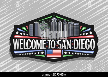 Logo vettoriale per San Diego, badge nero isolato con illustrazione di linea del famoso paesaggio urbano su sfondo cielo crepuscolo, art design turistico frigorifero magnete w Illustrazione Vettoriale