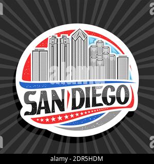 Logo vettoriale per San Diego, adesivo decorativo bianco con illustrazione di contorno del famoso paesaggio urbano sullo sfondo del cielo di giorno, art design turistico frigo ma Illustrazione Vettoriale