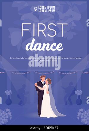 Primo poster dance modello vettoriale piatto. Sposa e sposo tengono le mani. Coppia appena sposata. Brochure, opuscolo una pagina concept design con cartoon char Illustrazione Vettoriale