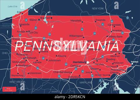 Pennsylvania state Mappa modificabile dettagliata con città e città, siti geografici, strade, ferrovie, interstatali e autostrade statunitensi. File vettoriale EPS-10, Illustrazione Vettoriale