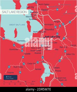 Salt Lake Region Mappa dettagliata modificabile con città e città, siti geografici, strade, ferrovie, interstatali e autostrade statunitensi. File vettoriale EPS-10, tr Illustrazione Vettoriale