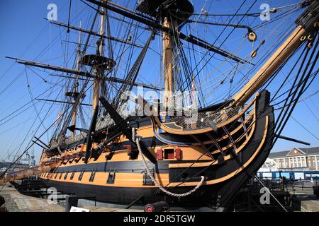 Ammiraglia della vittoria di HMS alla Battaglia di Trafalgar nel 1805 Di Ammiraglio Lord Horatio Nelson durante le guerre napoleoniche ora A Portsmouth Inghilterra Regno Unito e is Foto Stock