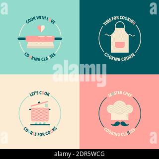 Set di logo vintage per lezioni di cucina, corsi. Illustrazione Vettoriale
