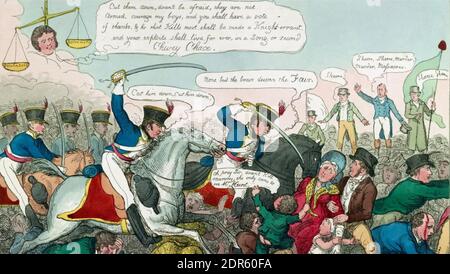 MASSACRO di PETERLOO 16 agosto 1819. Una stampa del 1819 forse di Robert Cruikshank. Foto Stock