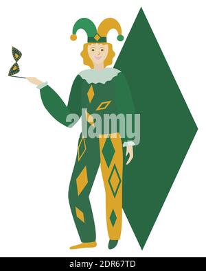 Mardi Gras personaggio. Harlequin con una maschera di carnevale. Illustrazione vettoriale isolata. Illustrazione Vettoriale